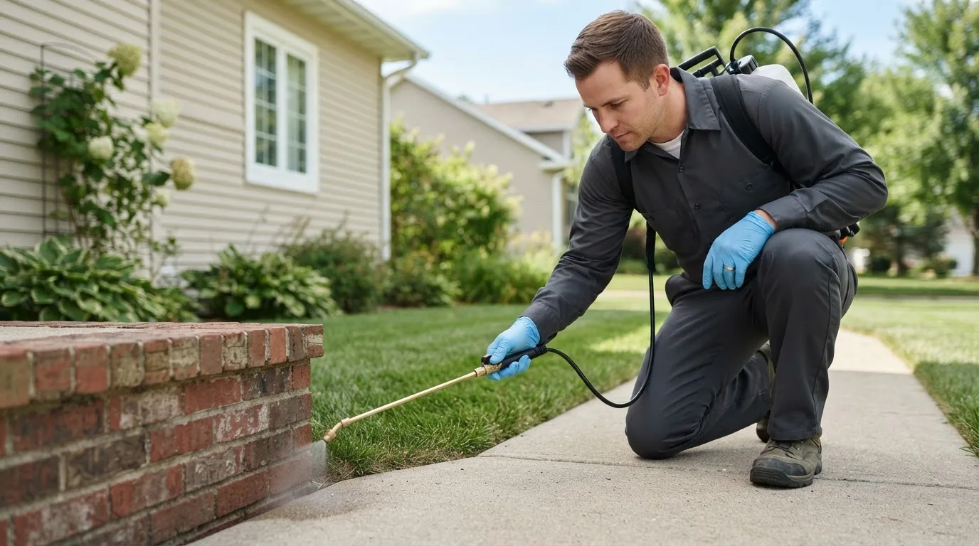 Pest control technician treating a home near New Smyrna Beach, FL